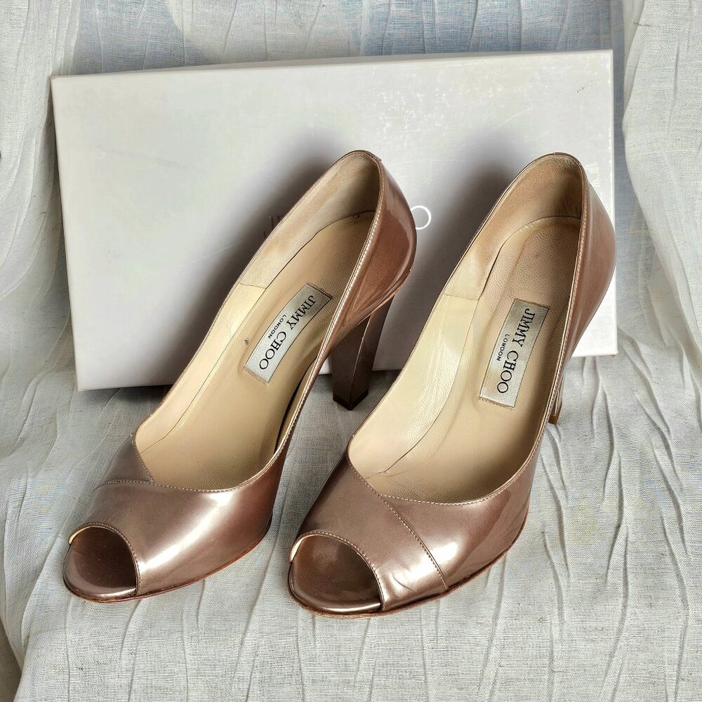 Jimmy Choo Metallic Peep Toe Heels Champagne Block Heel Pumps Size 39
